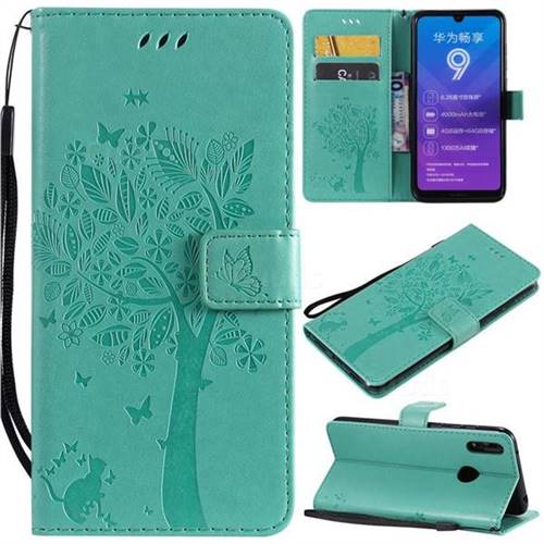Embossing Butterfly Tree Leather Wallet Case for Huawei Y7(2019) / Y7 Prime(2019) / Y7 Pro(2019) - Cyan