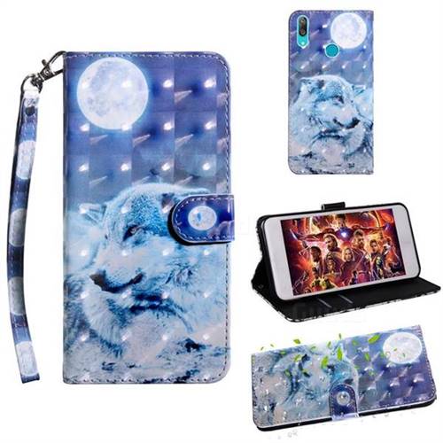 Moon Wolf 3D Painted Leather Wallet Case for Huawei Y7(2019) / Y7 Prime(2019) / Y7 Pro(2019)