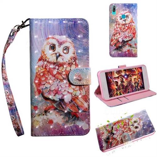 Colored Owl 3D Painted Leather Wallet Case for Huawei Y7(2019) / Y7 Prime(2019) / Y7 Pro(2019)