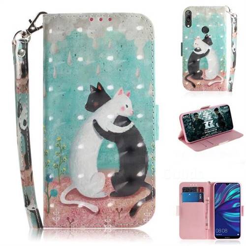 Black and White Cat 3D Painted Leather Wallet Phone Case for Huawei Y7(2019) / Y7 Prime(2019) / Y7 Pro(2019)