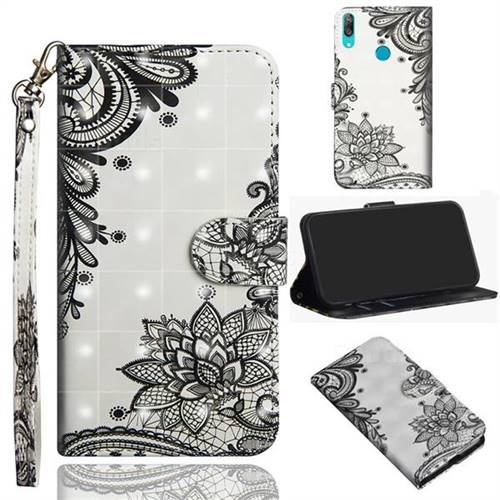 Black Lace Flower 3D Painted Leather Wallet Case for Huawei Y7(2019) / Y7 Prime(2019) / Y7 Pro(2019)