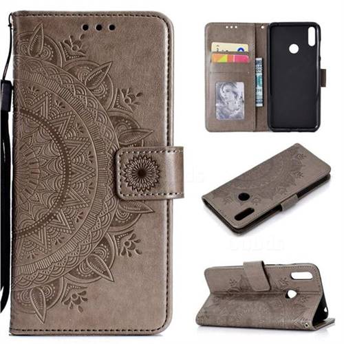 Intricate Embossing Datura Leather Wallet Case for Huawei Y7(2019) / Y7 Prime(2019) / Y7 Pro(2019) - Gray