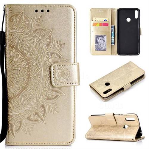 Intricate Embossing Datura Leather Wallet Case for Huawei Y7(2019) / Y7 Prime(2019) / Y7 Pro(2019) - Golden