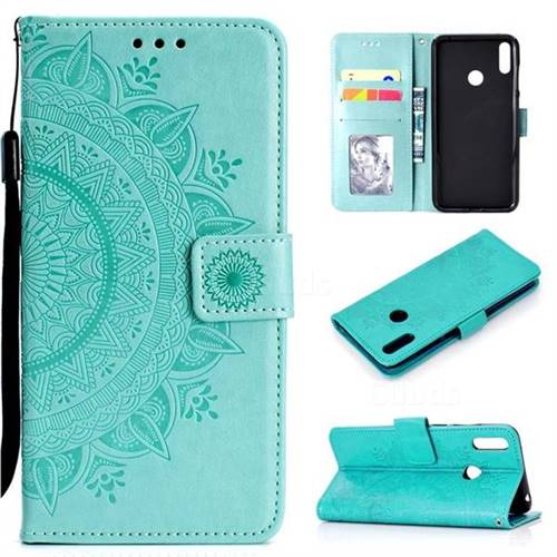 Intricate Embossing Datura Leather Wallet Case for Huawei Y7(2019) / Y7 Prime(2019) / Y7 Pro(2019) - Mint Green