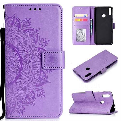 Intricate Embossing Datura Leather Wallet Case for Huawei Y7(2019) / Y7 Prime(2019) / Y7 Pro(2019) - Purple