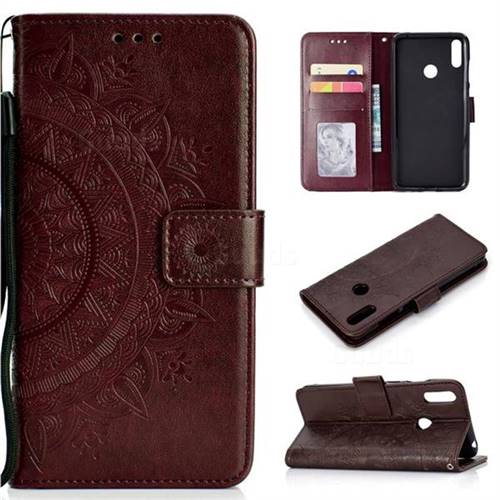 Intricate Embossing Datura Leather Wallet Case for Huawei Y7(2019) / Y7 Prime(2019) / Y7 Pro(2019) - Brown