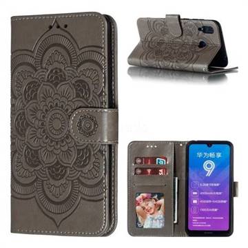 Intricate Embossing Datura Solar Leather Wallet Case for Huawei Y7(2019) / Y7 Prime(2019) / Y7 Pro(2019) - Gray