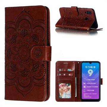 Intricate Embossing Datura Solar Leather Wallet Case for Huawei Y7(2019) / Y7 Prime(2019) / Y7 Pro(2019) - Brown