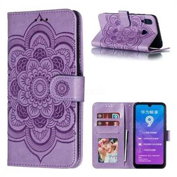 Intricate Embossing Datura Solar Leather Wallet Case for Huawei Y7(2019) / Y7 Prime(2019) / Y7 Pro(2019) - Purple