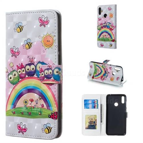 Rainbow Owl Family 3D Painted Leather Phone Wallet Case for Huawei Y7(2019) / Y7 Prime(2019) / Y7 Pro(2019)