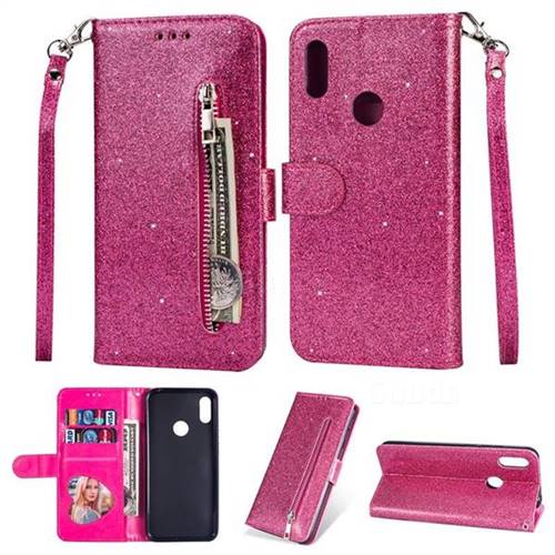 Glitter Shine Leather Zipper Wallet Phone Case for Huawei Y7(2019) / Y7 Prime(2019) / Y7 Pro(2019) - Rose