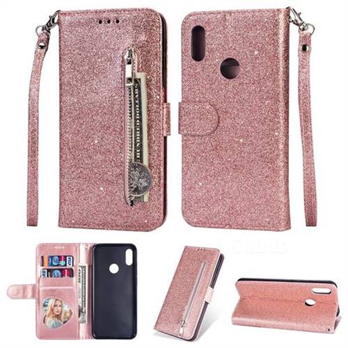 Glitter Shine Leather Zipper Wallet Phone Case for Huawei Y7(2019
