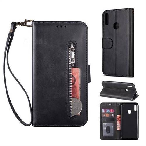 Retro Calfskin Zipper Leather Wallet Case Cover for Huawei Y7(2019) / Y7 Prime(2019) / Y7 Pro(2019) - Black