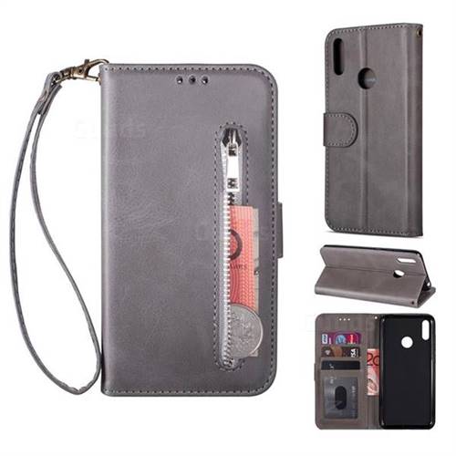 Retro Calfskin Zipper Leather Wallet Case Cover for Huawei Y7(2019) / Y7 Prime(2019) / Y7 Pro(2019) - Grey