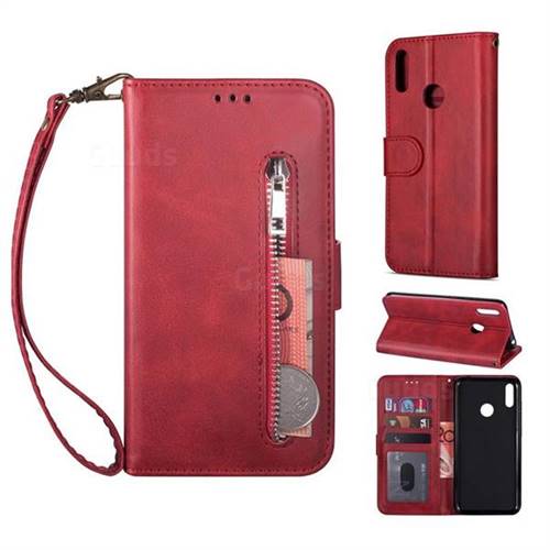Retro Calfskin Zipper Leather Wallet Case Cover for Huawei Y7(2019) / Y7 Prime(2019) / Y7 Pro(2019) - Red
