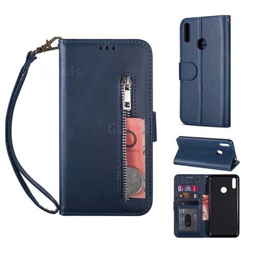 Retro Calfskin Zipper Leather Wallet Case Cover for Huawei Y7(2019) / Y7 Prime(2019) / Y7 Pro(2019) - Blue