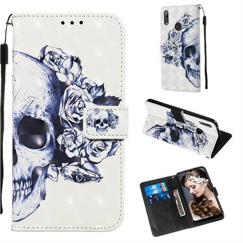 Skull Flower 3D Painted Leather Wallet Case for Huawei Y7(2019) / Y7 Prime(2019) / Y7 Pro(2019)