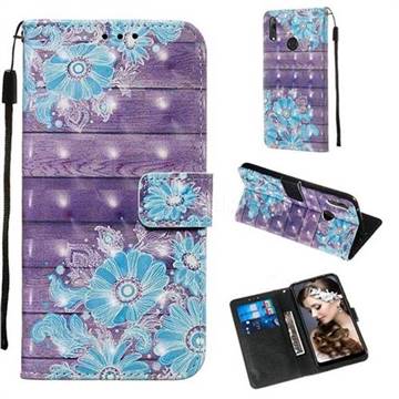 Blue Flower 3D Painted Leather Wallet Case for Huawei Y7(2019) / Y7 Prime(2019) / Y7 Pro(2019)