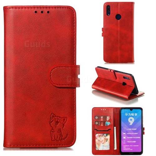 Embossing Happy Cat Leather Wallet Case for Huawei Y7(2019) / Y7 Prime(2019) / Y7 Pro(2019) - Red