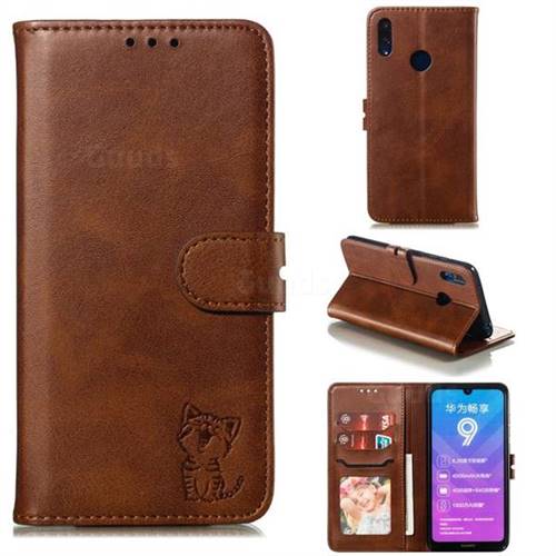 Embossing Happy Cat Leather Wallet Case for Huawei Y7(2019) / Y7 Prime(2019) / Y7 Pro(2019) - Brown