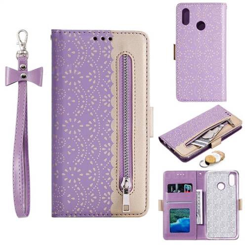 Luxury Lace Zipper Stitching Leather Phone Wallet Case for Huawei Y7(2019) / Y7 Prime(2019) / Y7 Pro(2019) - Purple