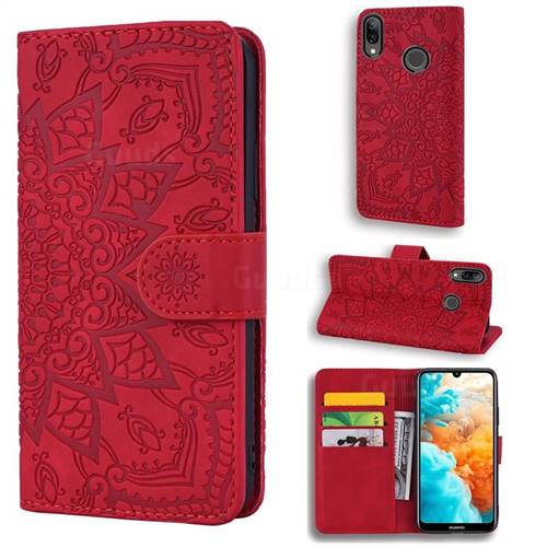 Retro Embossing Mandala Flower Leather Wallet Case for Huawei Y7(2019) / Y7 Prime(2019) / Y7 Pro(2019) - Red