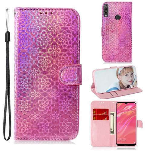 Laser Circle Shining Leather Wallet Phone Case for Huawei Y7(2019) / Y7 Prime(2019) / Y7 Pro(2019) - Pink