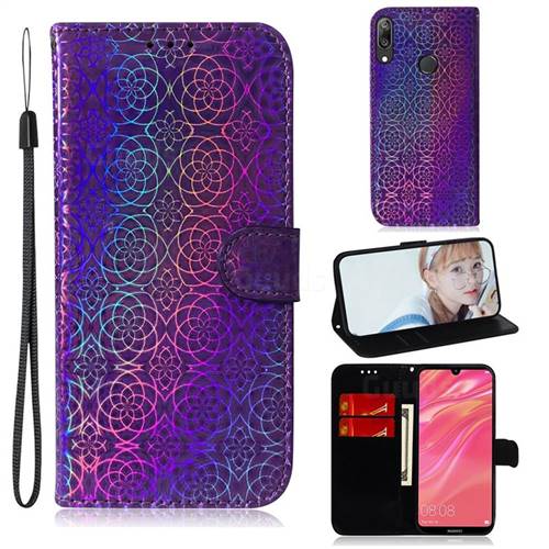 Laser Circle Shining Leather Wallet Phone Case for Huawei Y7(2019) / Y7 Prime(2019) / Y7 Pro(2019) - Purple