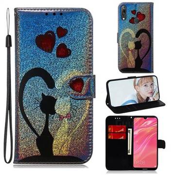 Love Cat Laser Shining Leather Wallet Phone Case for Huawei Y7(2019) / Y7 Prime(2019) / Y7 Pro(2019)