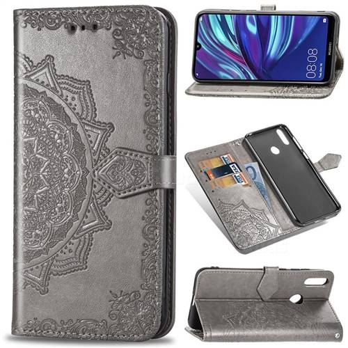 Embossing Imprint Mandala Flower Leather Wallet Case for Huawei Y7(2019) / Y7 Prime(2019) / Y7 Pro(2019) - Gray