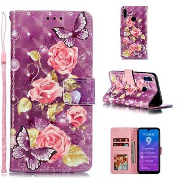 Purple Butterfly Flower 3D Painted Leather Phone Wallet Case for Huawei Y7(2019) / Y7 Prime(2019) / Y7 Pro(2019)