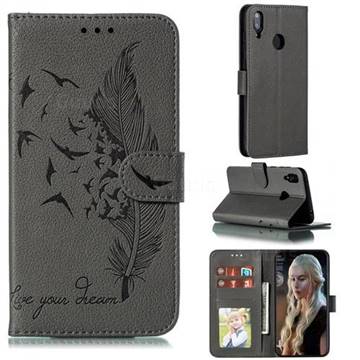 Intricate Embossing Lychee Feather Bird Leather Wallet Case for Huawei Y7(2019) / Y7 Prime(2019) / Y7 Pro(2019) - Gray