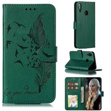 Intricate Embossing Lychee Feather Bird Leather Wallet Case for Huawei Y7(2019) / Y7 Prime(2019) / Y7 Pro(2019) - Green