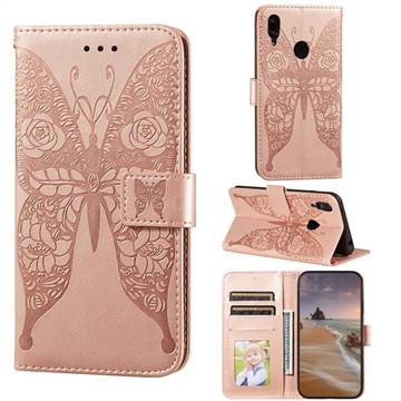 Intricate Embossing Rose Flower Butterfly Leather Wallet Case for Huawei Y7(2019) / Y7 Prime(2019) / Y7 Pro(2019) - Rose Gold
