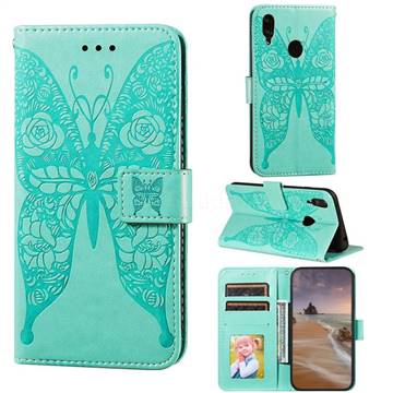 Intricate Embossing Rose Flower Butterfly Leather Wallet Case for Huawei Y7(2019) / Y7 Prime(2019) / Y7 Pro(2019) - Green