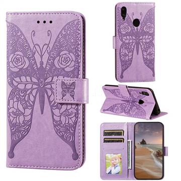 Intricate Embossing Rose Flower Butterfly Leather Wallet Case for Huawei Y7(2019) / Y7 Prime(2019) / Y7 Pro(2019) - Purple
