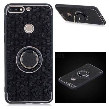 Luxury Mosaic Metal Silicone Invisible Ring Holder Soft Phone Case for Huawei Y7(2018) - Black