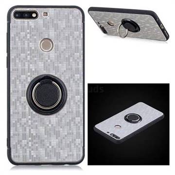 Luxury Mosaic Metal Silicone Invisible Ring Holder Soft Phone Case for Huawei Y7(2018) - Titanium Silver