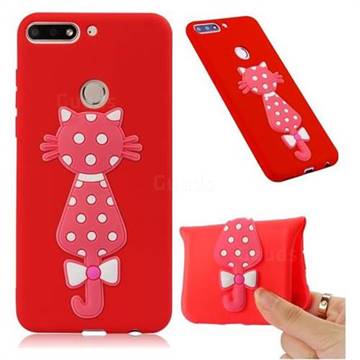 Polka Dot Cat Soft 3D Silicone Case for Huawei Y7(2018) - Red