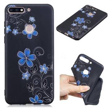 Little Blue Flowers 3D Embossed Relief Black TPU Cell Phone Back Cover for Huawei Y7(2018)