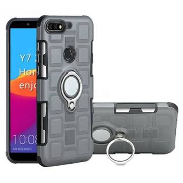 Ice Cube Shockproof PC + Silicon Invisible Ring Holder Phone Case for Huawei Y7(2018) - Gray