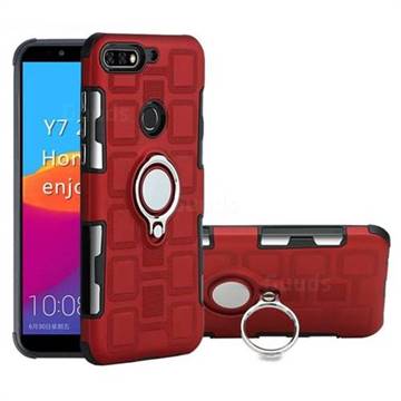 Ice Cube Shockproof PC + Silicon Invisible Ring Holder Phone Case for Huawei Y7(2018) - Red