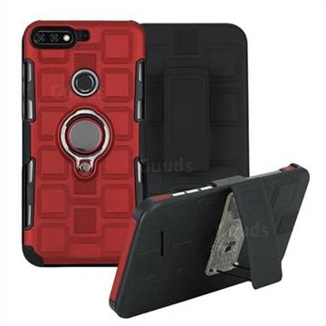 3 in 1 PC + Silicone Leather Phone Case for Huawei Y7(2018) - Red