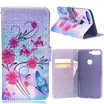 Red Flower Butterfly Laser Light PU Leather Wallet Case for Huawei Y7(2018)