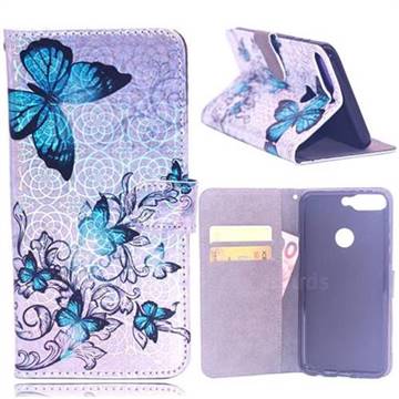 Blue Butterfly Laser Light PU Leather Wallet Case for Huawei Y7(2018)