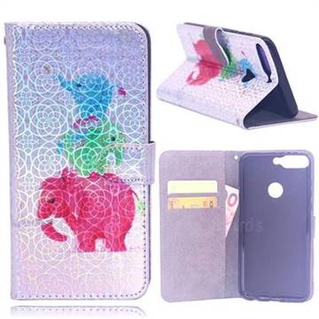 Elephant Family Laser Light PU Leather Wallet Case for Huawei Y7(2018)