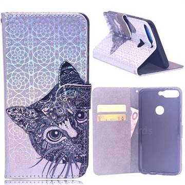 Met Tattoo Cat Laser Light PU Leather Wallet Case for Huawei Y7(2018)