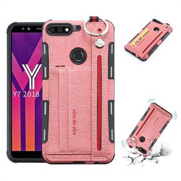 British Style Canvas Pattern Multi-function Leather Phone Case for Huawei Y7(2018) - Pink