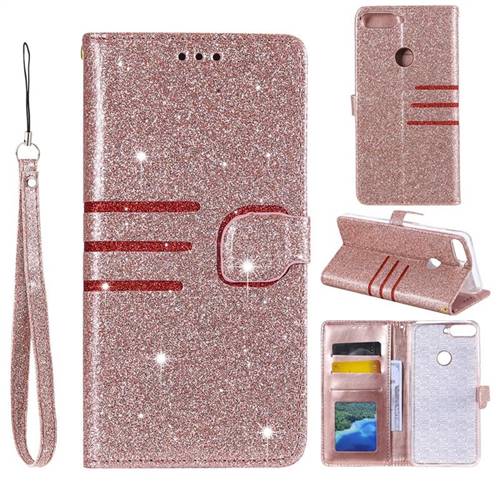 Retro Stitching Glitter Leather Wallet Phone Case for Huawei Y7(2018) - Rose Gold