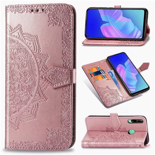 Embossing Imprint Mandala Flower Leather Wallet Case for Huawei Y7p - Rose Gold